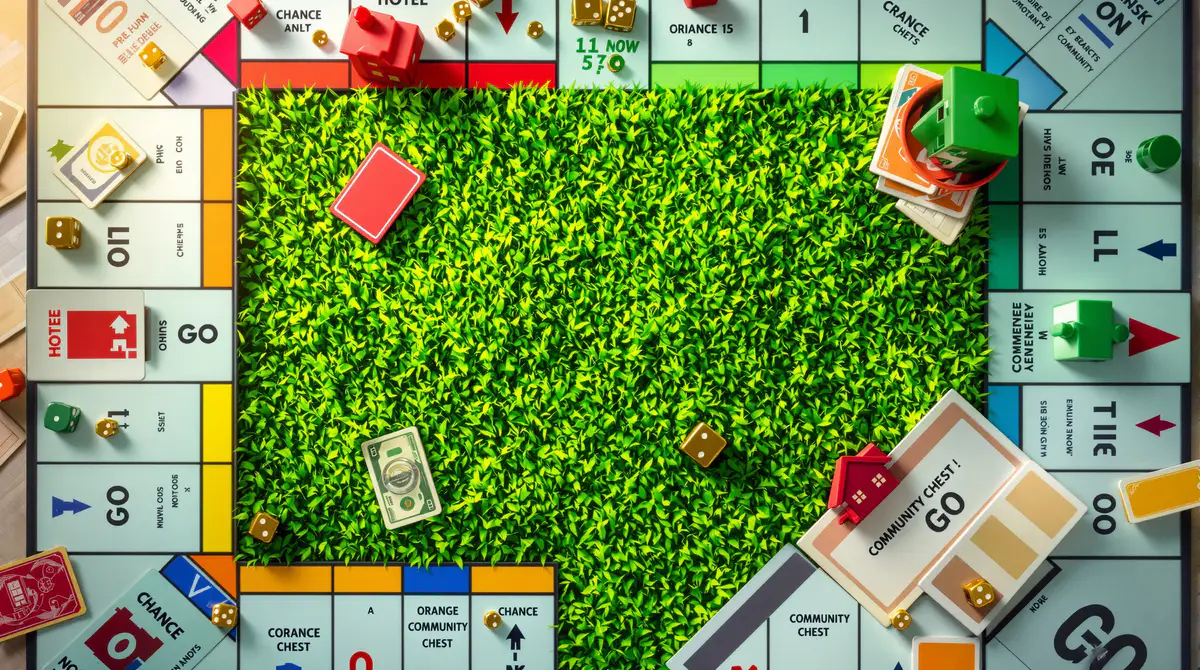 Colorful Monopoly board game with golden dice, houses and hotels on green felt table