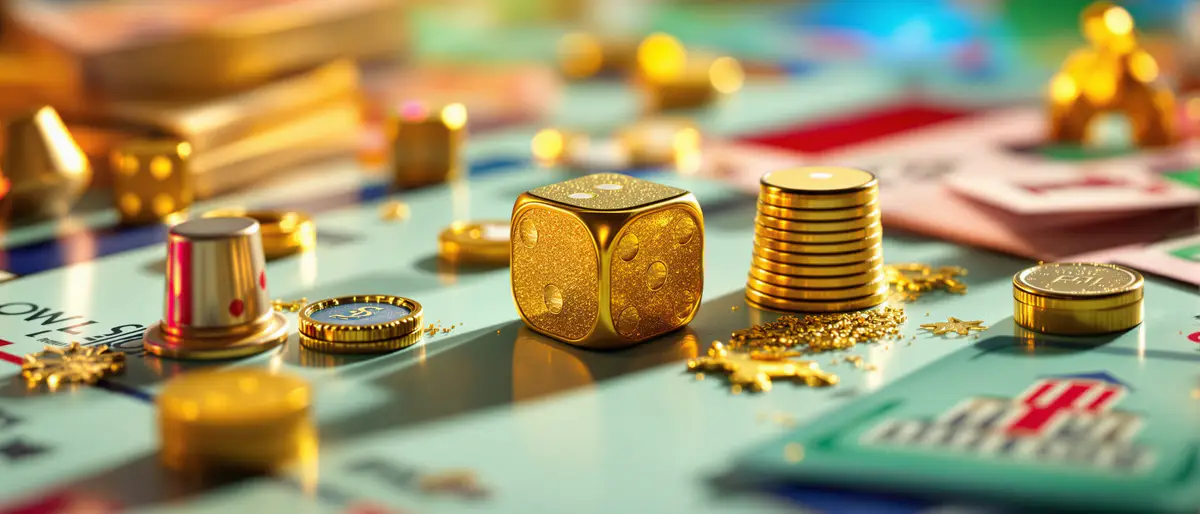 Monopoly game pieces, colorful play money and golden dice arranged on a game board